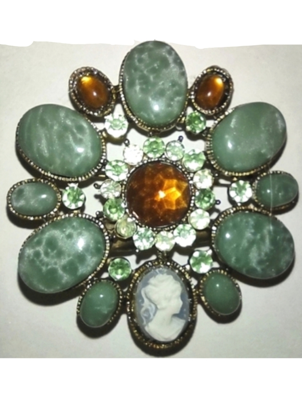 Upcycled Green Stone & Amber + Cameo Brooch/Clip